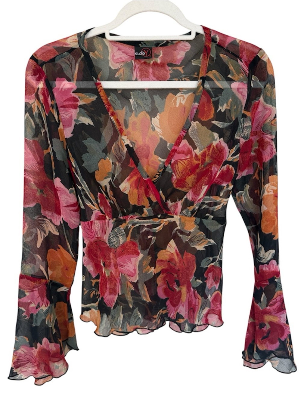 Studio Y Y2K Black Sheer Floral Wrap Blouse Small